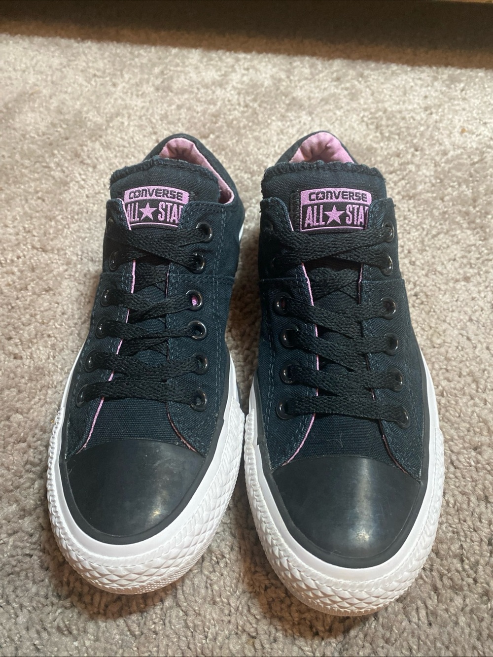 Converse All Star Chuck Taylor Black Canvas Low Top Sneakers with Pink Accents